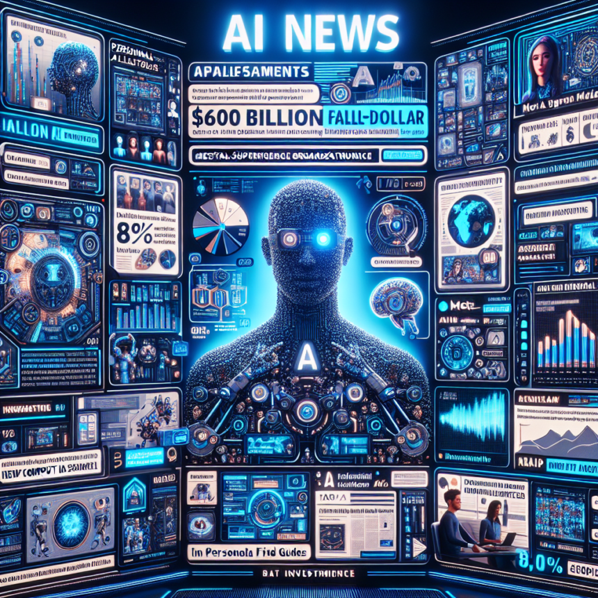 Et futuristisk digitalt nyhedsdashboard viser overskrifter, diagrammer og statistikker om AI med en lysende humanoid figur i midten omgivet af skærme og infografik, der fremhæver fremskridt, investeringer og innovationer inden for kunstig intelligens. - Kunstig intelligens AI