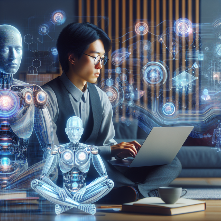 En person sidder med benene over kors med en bærbar computer, omgivet af holografiske futuristiske robotter og digitale interface-elementer, der symboliserer avanceret teknologi og kunstig intelligens. - Kunstig intelligens AI