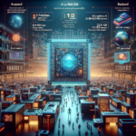 Et futuristisk bybillede har en gigantisk mikrochip i centrum med digitale skærme, der viser tekniske specifikationer som AI-hastighed, hukommelse og processorkraft, mens bittesmå menneskefigurer går rundt på lysende kredsløbslignende stier. - Kunstig intelligens AI