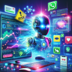 En futuristisk robot interagerer med farverige digitale skærme, der viser diagrammer, ikoner for sociale medier, risikoadvarsler og chatbeskeder, som repræsenterer AI, der styrer teknologi, data og onlinekommunikation. Den er omgivet af et tastatur og digitale elementer. - Kunstig intelligens AI