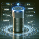 En smarthøjttaler med lysende blåt lys vises i en futuristisk digital grænseflade, omgivet af holografiske menuer og etiketter om AI-assistance, mikrofoner og voice bots. Baggrunden er mørk og højteknologisk. - Kunstig intelligens AI