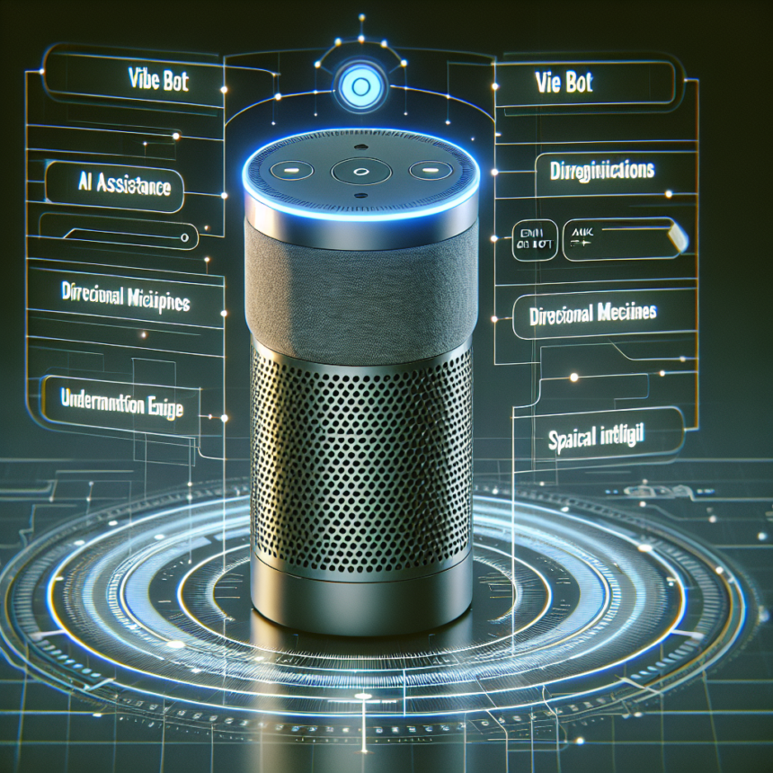 En smarthøjttaler med lysende blåt lys vises i en futuristisk digital grænseflade, omgivet af holografiske menuer og etiketter om AI-assistance, mikrofoner og voice bots. Baggrunden er mørk og højteknologisk. - Kunstig intelligens AI