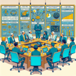 En gruppe forretningsfolk sidder omkring et konferencebord i et mødelokale med en stor skærm bag dem, der viser farverige diagrammer, grafer og infografik relateret til dataanalyse og beslutningstagning. - Kunstig intelligens AI