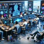 Et moderne kontor med forskellige mennesker, der arbejder ved computere, store skærme, der viser AI-grafik og -data, robotter og teknisk udstyr spredt rundt omkring, hvilket giver indtryk af et højteknologisk udviklingsmiljø for kunstig intelligens. - Kunstig intelligens AI