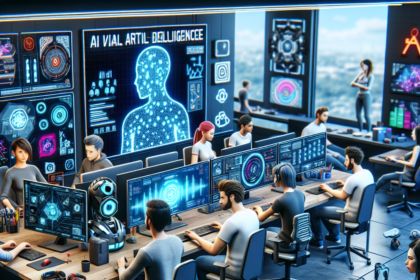 Et moderne kontor med forskellige mennesker, der arbejder ved computere, store skærme, der viser AI-grafik og -data, robotter og teknisk udstyr spredt rundt omkring, hvilket giver indtryk af et højteknologisk udviklingsmiljø for kunstig intelligens. - Kunstig intelligens AI