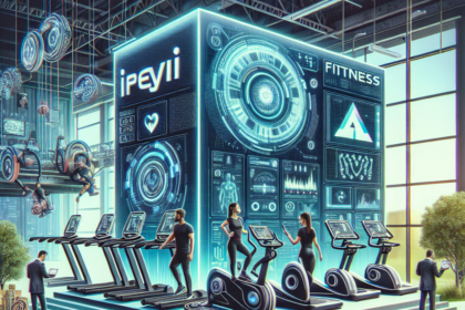 Et futuristisk fitnesscenter har digitale skærme og folk, der bruger avancerede træningsmaskiner, mens andre pakker fitnessudstyr ud af kasser i nærheden. Atmosfæren er højteknologisk og energisk, og der vises holografiske elementer. - Kunstig intelligens AI