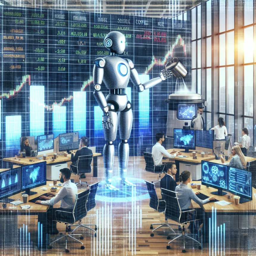 En stor holografisk robot står i midten af et moderne kontor, hvor folk arbejder ved computerstationer med aktiediagrammer og grafer på skærmene; digitale børsdata og grafer dækker glasvæggene. - Kunstig intelligens AI