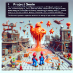 To tegneseriefigurer står i en futuristisk by med levende orange og blå bygninger. En stor orange ånd svæver over dem med legende objekter og tekst om Project Genie i sci-fi-skrifttype over scenen. - Kunstig intelligens AI