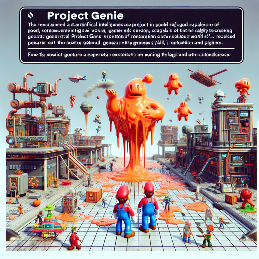 To tegneseriefigurer står i en futuristisk by med levende orange og blå bygninger. En stor orange ånd svæver over dem med legende objekter og tekst om Project Genie i sci-fi-skrifttype over scenen. - Kunstig intelligens AI