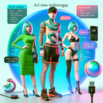 Tre stilfulde, futuristiske personer med lyseblåt hår står i et neonoplyst miljø omgivet af holografiske teknologielementer, bærer moderne tøj og interagerer med svævende sci-fi-gadgets og dataskærme. Teksten indeholder legende futuristiske udtryk. - Kunstig intelligens AI