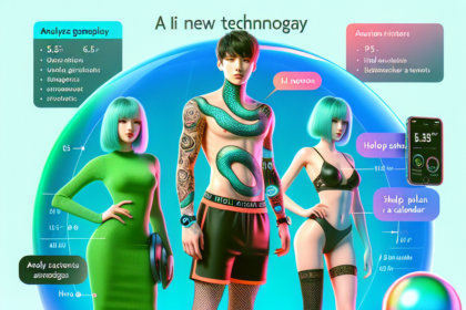 Tre stilfulde, futuristiske personer med lyseblåt hår står i et neonoplyst miljø omgivet af holografiske teknologielementer, bærer moderne tøj og interagerer med svævende sci-fi-gadgets og dataskærme. Teksten indeholder legende futuristiske udtryk. - Kunstig intelligens AI