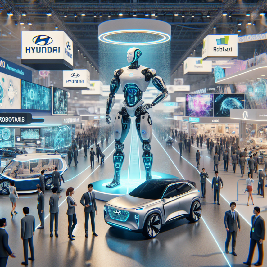 En futuristisk udstilling med en stor robot, en Hyundai-konceptbil og mange deltagere. Skilte for Hyundai og Robotaxi er synlige og fremhæver avanceret teknologi og selvkørende køretøjer i en højteknologisk udstillingshal. - Kunstig intelligens AI