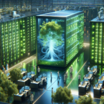 Et futuristisk datacenter med glødende grønne servere omgiver et stort digitalt display af et træ, der symboliserer teknologi og natur. Forskere i hvide kitler arbejder ved computere og interagerer med installationerne. - Kunstig intelligens AI