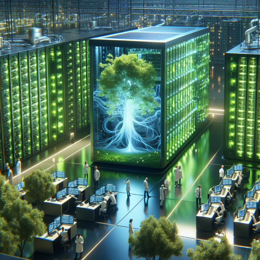 Et futuristisk datacenter med glødende grønne servere omgiver et stort digitalt display af et træ, der symboliserer teknologi og natur. Forskere i hvide kitler arbejder ved computere og interagerer med installationerne. - Kunstig intelligens AI