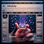 En futuristisk digital grænseflade viser information om en AI-enhed kaldet Mindclip. En glødende mikrochip svæver over en hånd og udsender strømme af data og ikoner, omgivet af tekst, vurderinger og tekniske statistikker på et slankt instrumentbræt. - Kunstig intelligens AI
