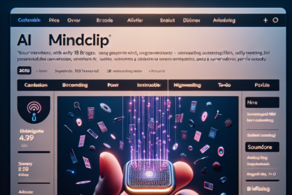 En futuristisk digital grænseflade viser information om en AI-enhed kaldet Mindclip. En glødende mikrochip svæver over en hånd og udsender strømme af data og ikoner, omgivet af tekst, vurderinger og tekniske statistikker på et slankt instrumentbræt. - Kunstig intelligens AI