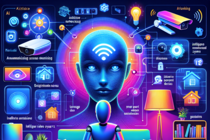 En humanoid robot sidder med benene over kors i en sofa i et farverigt digitalt rum, omgivet af smart home-enheder, bogreoler og neonikoner, der repræsenterer AI, tilslutningsmuligheder og automatisering, med et digitalt menneskeansigt over sig. - Kunstig intelligens AI