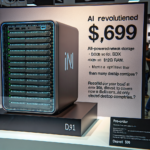 På et display på en teknologimesse ses en AI-drevet netværkslagerenhed til en pris på 699 dollars med en beskrivelse og specifikationer på et skilt ved siden af. Enheden ligner en moderne server eller et skrivebordstårn mærket iN. - Kunstig intelligens AI