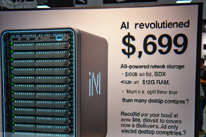 På et display på en teknologimesse ses en AI-drevet netværkslagerenhed til en pris på 699 dollars med en beskrivelse og specifikationer på et skilt ved siden af. Enheden ligner en moderne server eller et skrivebordstårn mærket iN. - Kunstig intelligens AI