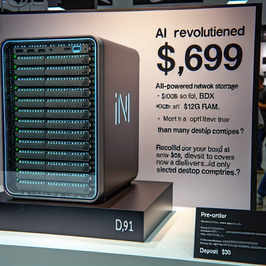 På et display på en teknologimesse ses en AI-drevet netværkslagerenhed til en pris på 699 dollars med en beskrivelse og specifikationer på et skilt ved siden af. Enheden ligner en moderne server eller et skrivebordstårn mærket iN. - Kunstig intelligens AI