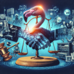 To store hænder, en digital og en realistisk, ryster foran en lyserød flamingo og en afbalanceret vægtskål. Omkring dem er der noder, instrumenter, en hammer og gamle musikere, som symboliserer musik, jura og teknologi. - Kunstig intelligens AI