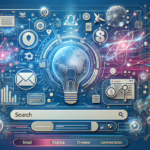 En futuristisk digital illustration viser en glødende pære med en globus indeni, omgivet af ikoner for e-mail, økonomi, forbindelse og søgning, alt sammen på en højteknologisk, blå og pink baggrund med kredsløbsmønstre og datasymboler. - Kunstig intelligens AI