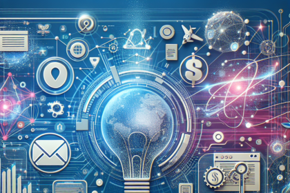 En futuristisk digital illustration viser en glødende pære med en globus indeni, omgivet af ikoner for e-mail, økonomi, forbindelse og søgning, alt sammen på en højteknologisk, blå og pink baggrund med kredsløbsmønstre og datasymboler. - Kunstig intelligens AI