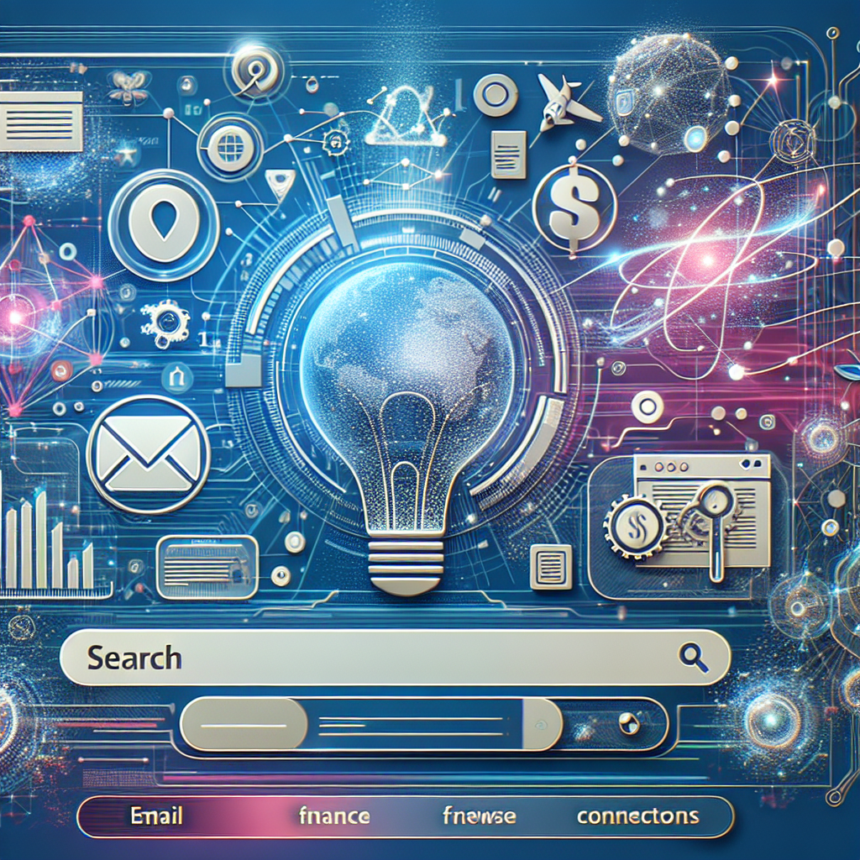 En futuristisk digital illustration viser en glødende pære med en globus indeni, omgivet af ikoner for e-mail, økonomi, forbindelse og søgning, alt sammen på en højteknologisk, blå og pink baggrund med kredsløbsmønstre og datasymboler. - Kunstig intelligens AI