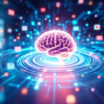 En lysende digital hjerne svæver over en cirkulær platform omgivet af ikoner for populære apps og tjenester og symboliserer kunstig intelligens og teknologiintegration i et futuristisk, blåtonet miljø. - Kunstig intelligens AI