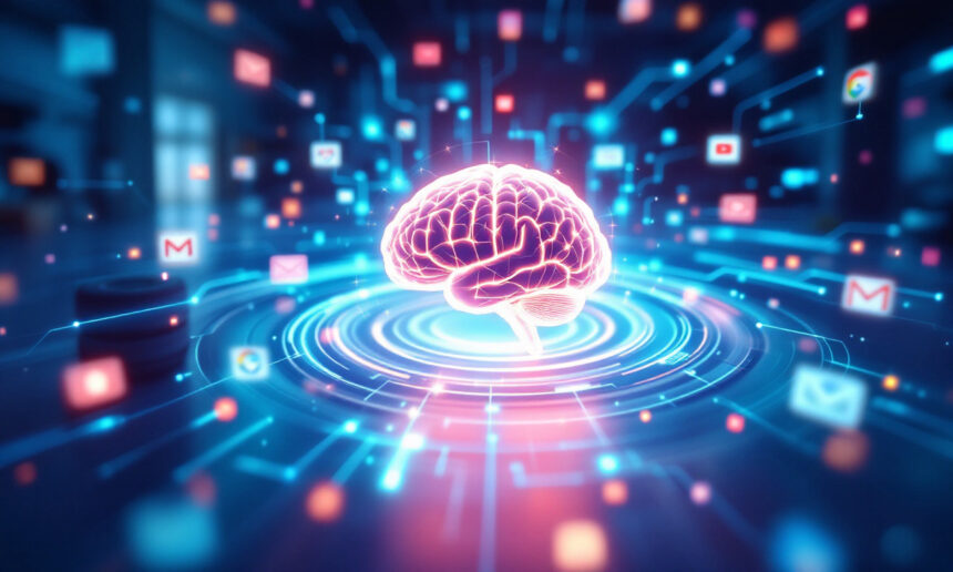 En lysende digital hjerne svæver over en cirkulær platform omgivet af ikoner for populære apps og tjenester og symboliserer kunstig intelligens og teknologiintegration i et futuristisk, blåtonet miljø. - Kunstig intelligens AI