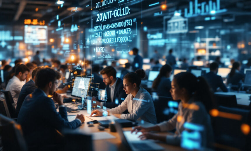 Stort, moderne kontor fyldt med mennesker, der arbejder ved computere, med digitale data og koder projiceret i luften, hvilket skaber en højteknologisk, tempofyldt atmosfære med fokus på teknologi og informationsanalyse. - Kunstig intelligens AI