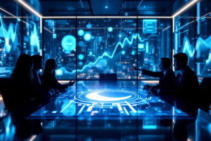 Fem personer sidder omkring et futuristisk konferencebord med digitale skærme og diskuterer data. Der vises holografiske grafer og diagrammer, som skaber et højteknologisk, moderne forretningsmiljø. - Kunstig intelligens AI