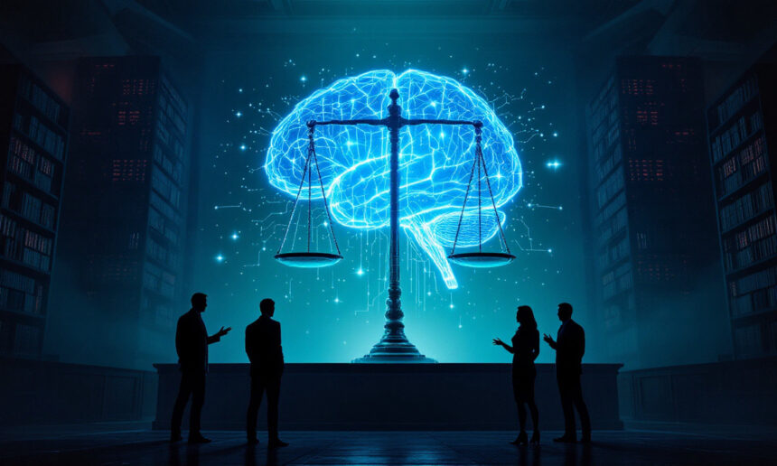 Fire personer i silhuet står foran en stor lysende skala og en digital hjerneprojektion, der symboliserer krydsfeltet mellem kunstig intelligens og retfærdighed, i et stort, svagt oplyst bibliotek. - Kunstig intelligens AI