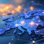 Et digitalt kort over Europa med lysende kredsløbslignende mønstre og to hængelåsikoner, der symboliserer cybersikkerhed og databeskyttelse på tværs af kontinentet. Lyse bokeh-lys vises i baggrunden. - Kunstig intelligens AI