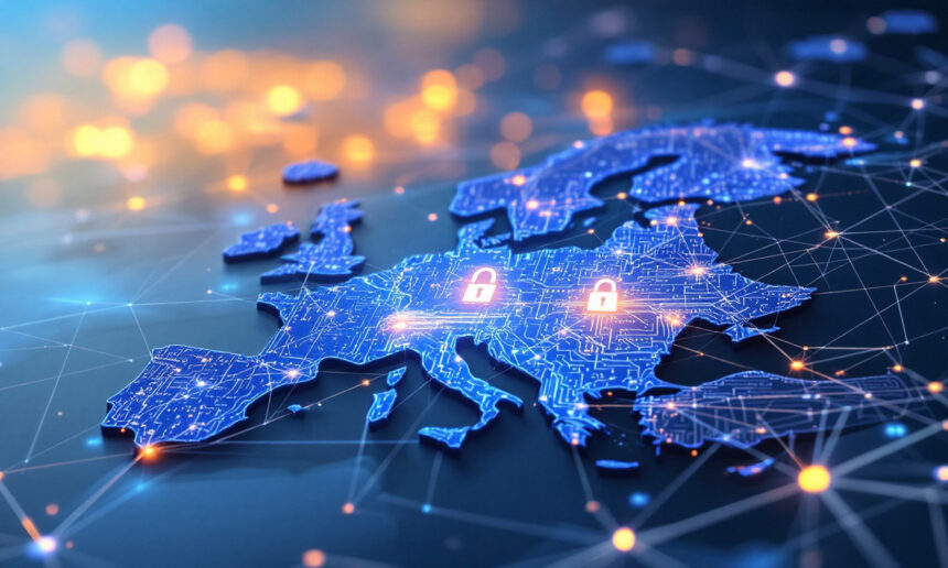 Et digitalt kort over Europa med lysende kredsløbslignende mønstre og to hængelåsikoner, der symboliserer cybersikkerhed og databeskyttelse på tværs af kontinentet. Lyse bokeh-lys vises i baggrunden. - Kunstig intelligens AI