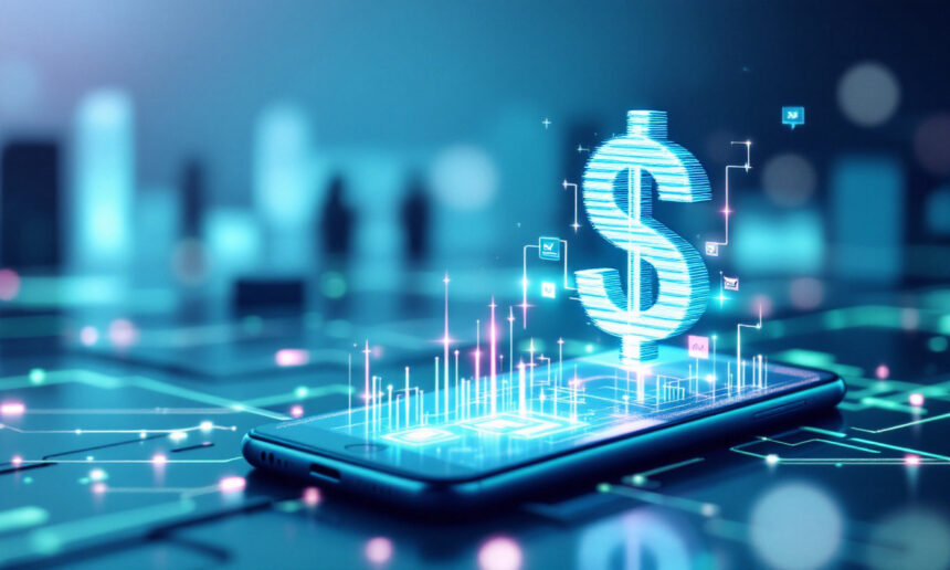 Et lysende digitalt dollartegn svæver over en smartphone på en futuristisk printplade og symboliserer mobilbank, digital finans eller onlinetransaktioner i et højteknologisk miljø. - Kunstig intelligens AI