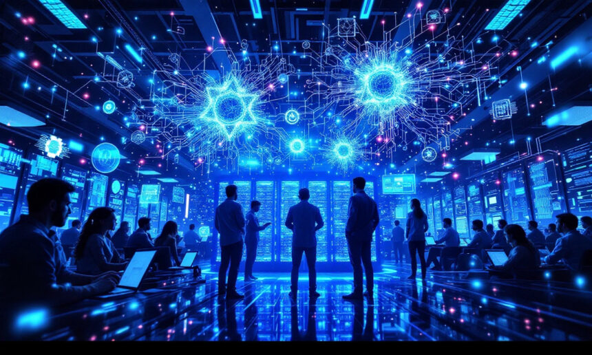 En gruppe mennesker i et højteknologisk kontrolrum med lysende digitale skærme og store holografiske neurale netværk projiceret over dem, hvilket symboliserer avanceret kunstig intelligens og dataanalyse. - Kunstig intelligens AI