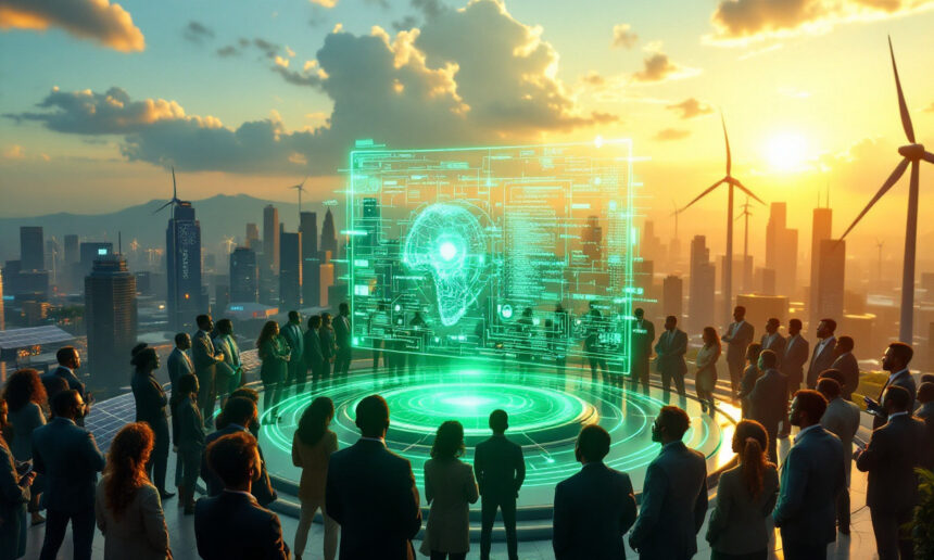 En mangfoldig gruppe mennesker i forretningstøj samles omkring et lysende digitalt display af en kunstig intelligens-grænseflade på et tag med vindmøller og en moderne bys skyline i solnedgang. - Kunstig intelligens AI