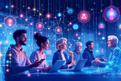 En mangfoldig gruppe mennesker sidder ved et bord med bærbare computere, smartphones og digitale tablets. Holografiske ikoner for sociale netværk og forbindelser svæver over dem og symboliserer digital kommunikation og teamwork. - Kunstig intelligens AI