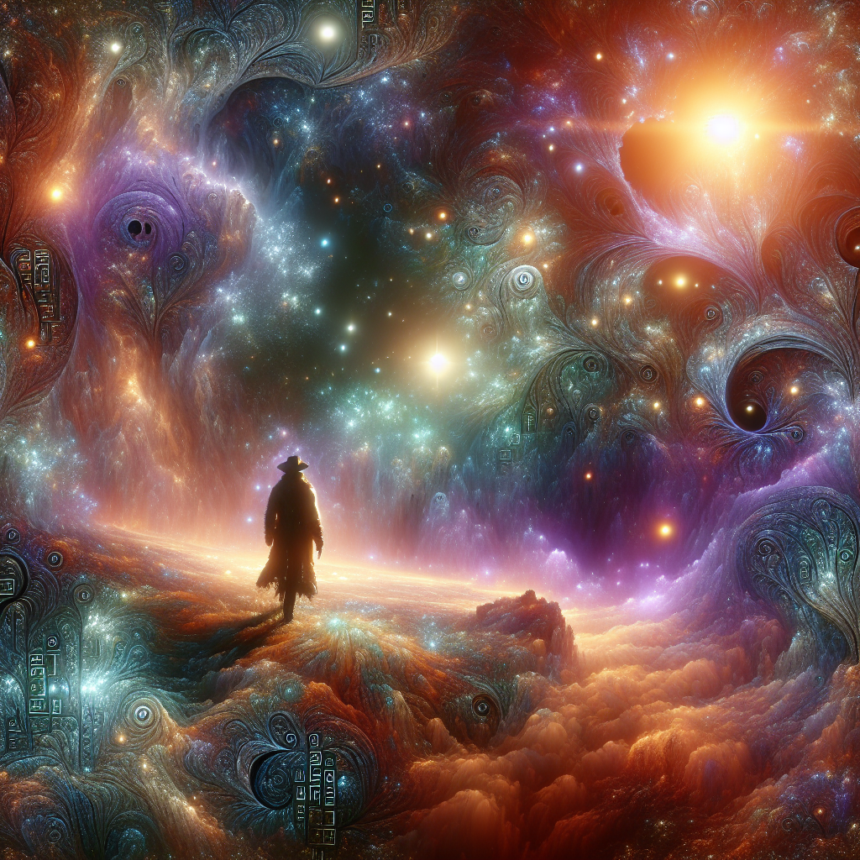 En ensom figur med hat står i et glødende, surrealistisk landskab omgivet af hvirvlende, farverige stjernetåger og klare stjerner, der fremkalder en æterisk, drømmeagtig kosmisk scene. - Kunstig intelligens AI