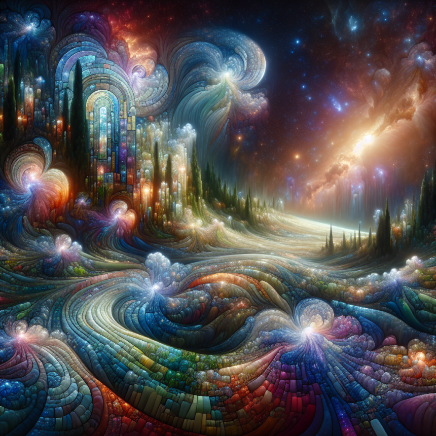 Et levende surrealistisk landskab med hvirvlende, farverige, mosaiklignende mønstre, glødende buer og strukturer, der ligner farvet glas. Kosmisk lys og stjerner oplyser scenen og blander drømmeagtig natur og fantasiarkitektur. - Kunstig intelligens AI