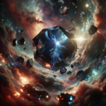En stor, facetteret krystal svæver i rummet, omgivet af mindre krystaller, hvirvlende kosmiske skyer og glødende stjerner, hvilket skaber en surrealistisk og levende sci-fi-scene. - Kunstig intelligens AI