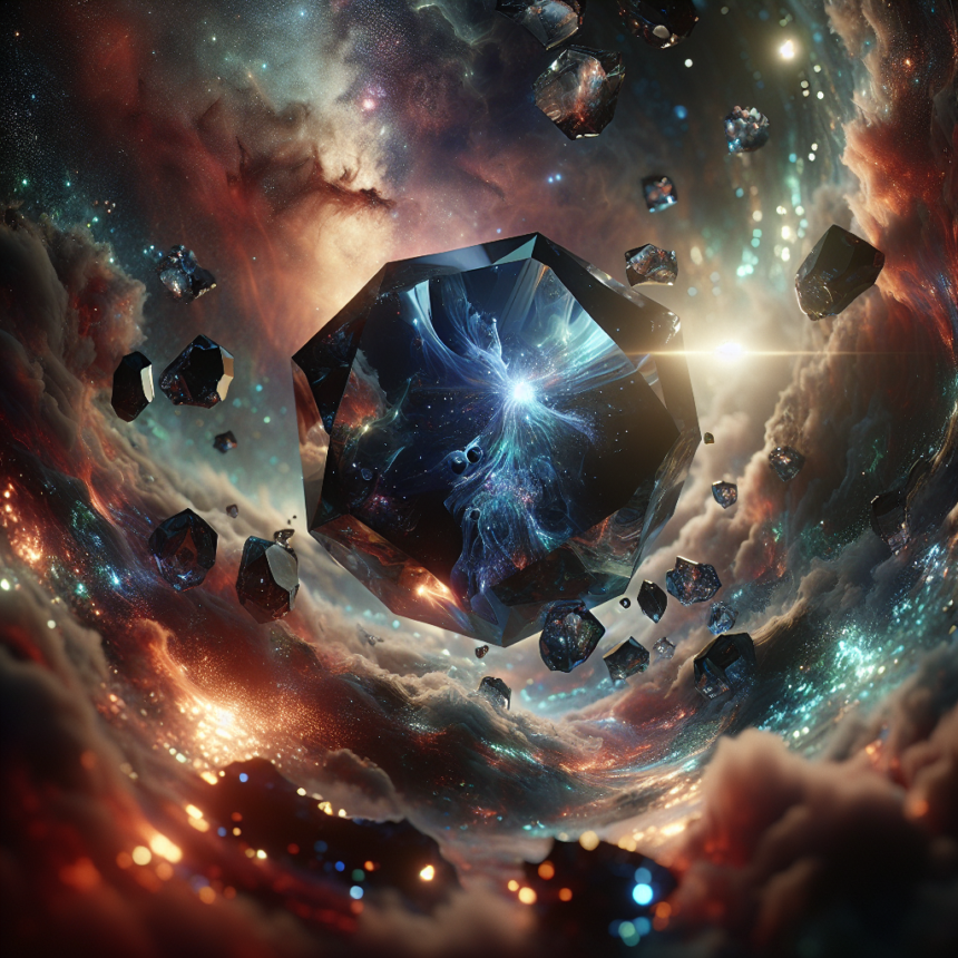En stor, facetteret krystal svæver i rummet, omgivet af mindre krystaller, hvirvlende kosmiske skyer og glødende stjerner, hvilket skaber en surrealistisk og levende sci-fi-scene. - Kunstig intelligens AI