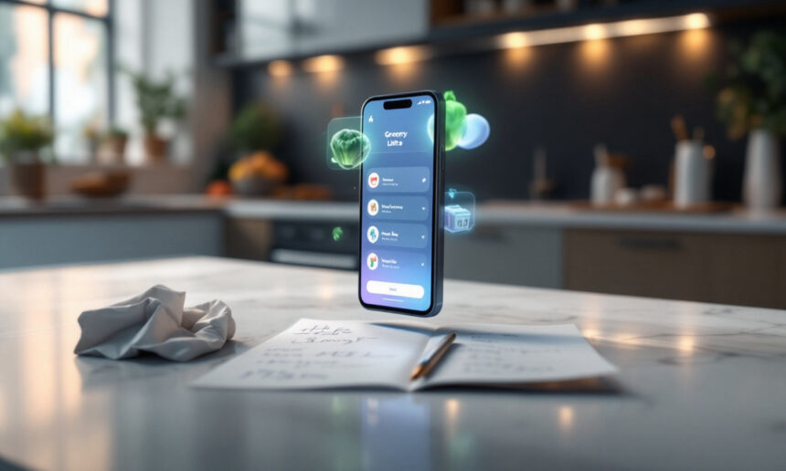 En smartphone med en indkøbsliste-app svæver over køkkenbordet. En håndskrevet indkøbsliste og en kuglepen ligger i nærheden sammen med et krøllet papir. Køkkenet i baggrunden er blødt oplyst og moderne. - Kunstig intelligens AI