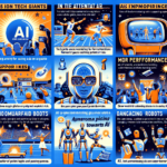En farverig illustration i tegneseriestil med paneler, der viser futuristiske scener med robotter, AI og mennesker, der interagerer i teknologimiljøer, sport og underholdning, med lyse blå, orange og hvid tekst og stiliseret grafik hele vejen igennem. - Kunstig intelligens AI