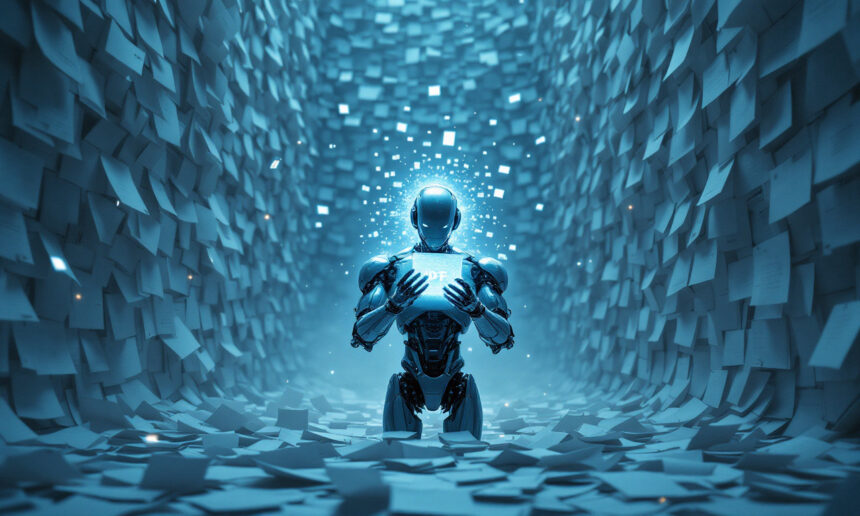 En humanoid robot knæler i en tunnel fyldt med svævende papirark og holder en lysende tablet mærket GPT, mens lyspartikler hvirvler rundt om dens hoved i en futuristisk, blåt oplyst scene. - Kunstig intelligens AI