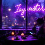 Tre personer sidder ved et bord med levende lys ved et vindue og bruger hver deres telefon og har hovedtelefoner på. Udenfor sløres byens lys i natten, og på et neonskilt i vinduet står der Iay mother med lysende lilla tekst. - Kunstig intelligens AI