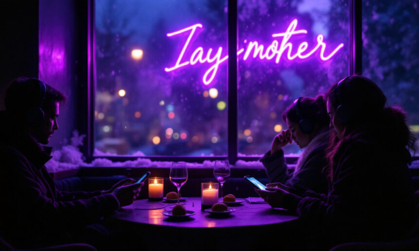 Tre personer sidder ved et bord med levende lys ved et vindue og bruger hver deres telefon og har hovedtelefoner på. Udenfor sløres byens lys i natten, og på et neonskilt i vinduet står der Iay mother med lysende lilla tekst. - Kunstig intelligens AI