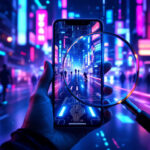 En hånd holder en smartphone i en neonoplyst bygade om natten. Et forstørrelsesglas er placeret over telefonen og fokuserer på silhuetter af mennesker, der går langs en futuristisk, lysende gade. - Kunstig intelligens AI