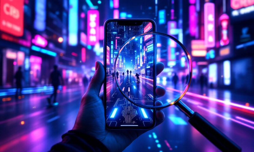 En hånd holder en smartphone i en neonoplyst bygade om natten. Et forstørrelsesglas er placeret over telefonen og fokuserer på silhuetter af mennesker, der går langs en futuristisk, lysende gade. - Kunstig intelligens AI